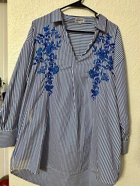 Karen Sadler Blue and White Striped Embroidered Tunic